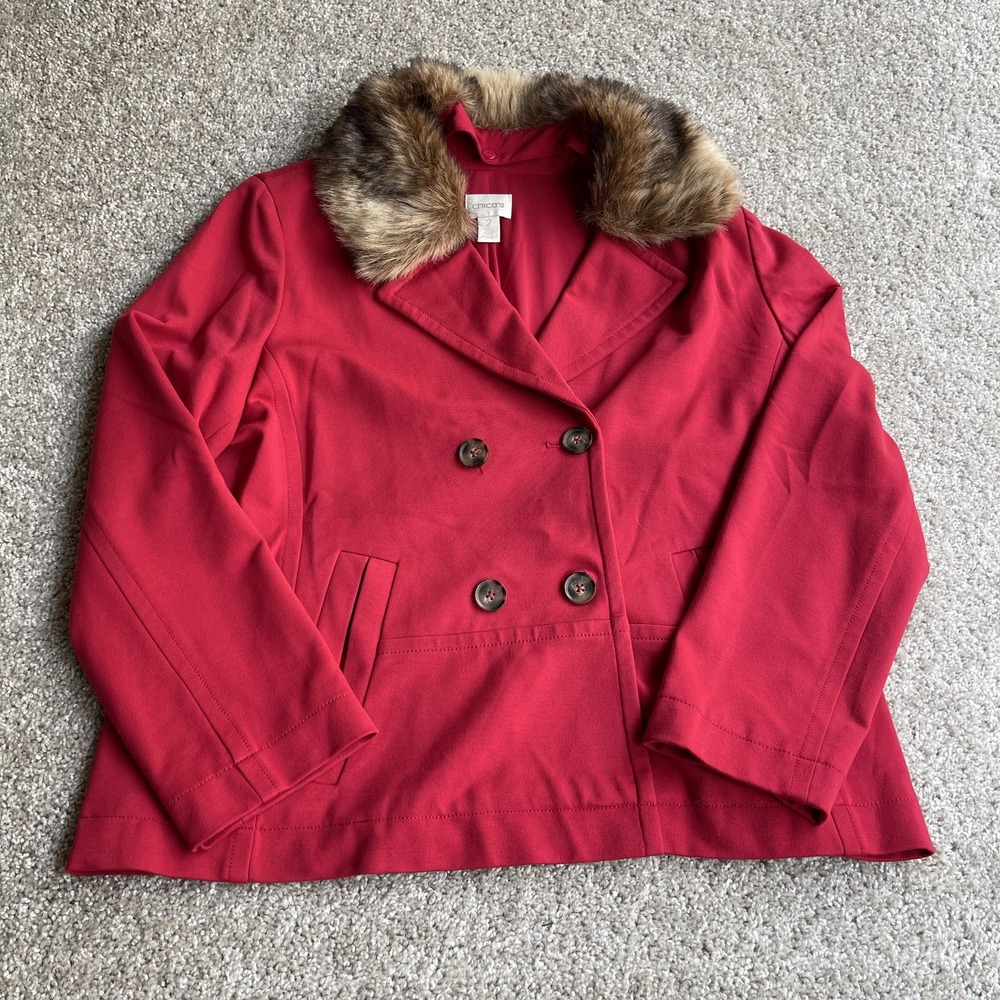 Chico's Coat Womens 2 Red Twill Short Pea Fur Trim Collar Button Front Lined